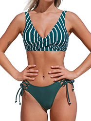 CUPSHE Conjunto de Bikini Mujer Cintura Alta Verde Rayas Cordones Traje de Baño de Dos Piezas, S precio