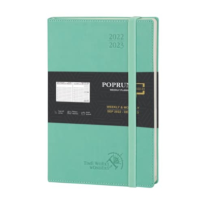 POPRUN Agenda 2022 2023 Semana Vista Vertical 16,5 x 22 cm - 16 Meses Agenda Escolar 2022-2023 Semanal de Sep’22-Dic’23 con Tapa Blanda en Cuero Vegan