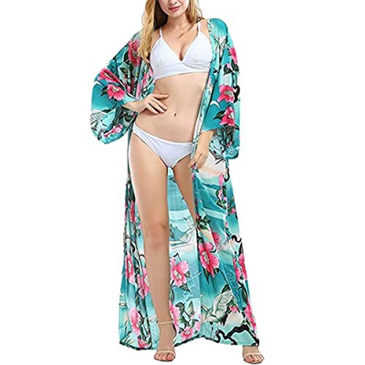 Tyidalin Cárdigans Mujer Estampado Maxi Largo Vestido Playa Verano Kimono Rayón Camisolas y Pareos Bohemio (Color 3, Talla única)