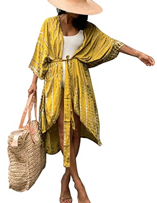 QUNERY Cardigan Kimono Vestido Largos de Playa Boho Pareo Cover Up para Mujer A-Amarillo 1 Talla única