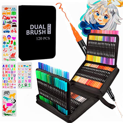 Rotuladores Lettering, Estuche Premium,120 colores y 5 Plantillas de Dibujo, Rotuladores de Punta Doble, Punta Pincel y Punta Fina, Rotuladores Adulto en oferta