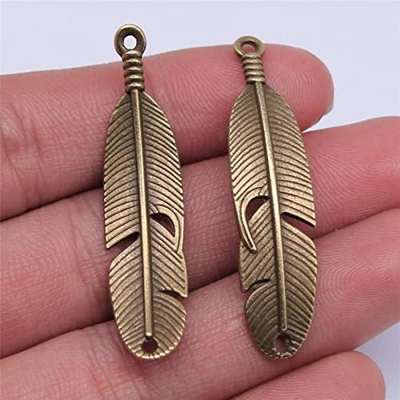 60 uds, 45x11mm, conector colgante de pluma, colgantes de pluma, fabricación de colgantes de conector de pluma, abalorio   , chapado en bronce antiguo