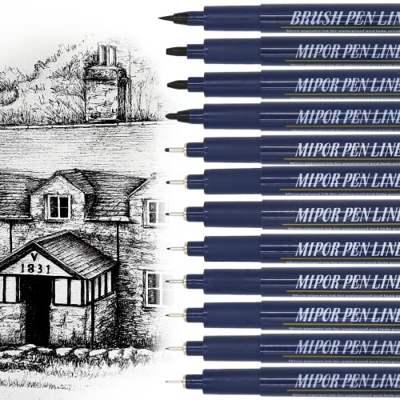 OWLKELA 12pcs Bolígrafos de Caligrafía, Rotulador Negro - Fuente Negra, Cuerpo de Bolígrafo Azul Real, Firma, Diseño, Dibujo, Diario (12 Tamaños)