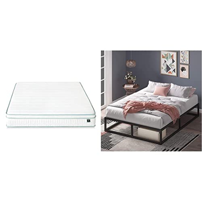 Colchón híbrido de muelles y Espuma viscolástica ZINUS | Colchón de muelles eurotop | 150 x 190 cm | Altura 20 cm & Estructura de Cama metálica Joseph