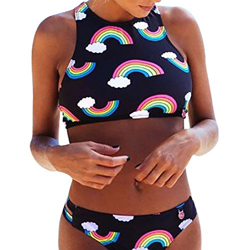 Sinwasd Bikini sexy para mujer, estampado de arco iris, cuello colgado, nadador, push up, 2 piezas, cintura baja, retro, traje de baño precio