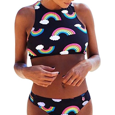 Sinwasd Bikini sexy para mujer, estampado de arco iris, cuello colgado, nadador, push up, 2 piezas, cintura baja, retro, traje de baño