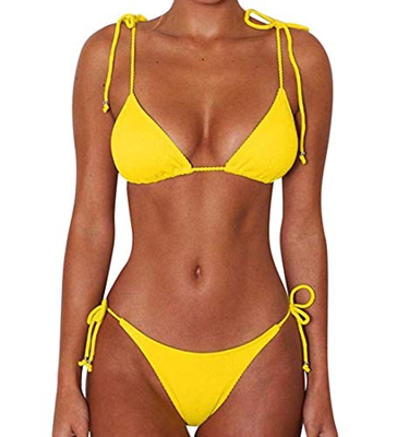 JFAN Bikini de Lazo Acanalado para Mujer Traje de Baño Brasileño con Parte Inferior Descarada(Amarillo,XL)