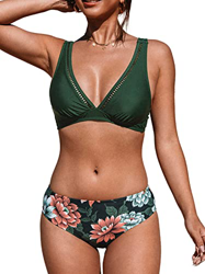 CUPSHE mujer Traje de baño de bikini de cintura media Traje de baño de dos piezas con gancho en la espalda con escote pronunciado floral M Verde azula precio
