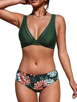 CUPSHE mujer Traje de baño de bikini de cintura media Traje de baño de dos piezas con gancho en la espalda con escote pronunciado floral M Verde azula