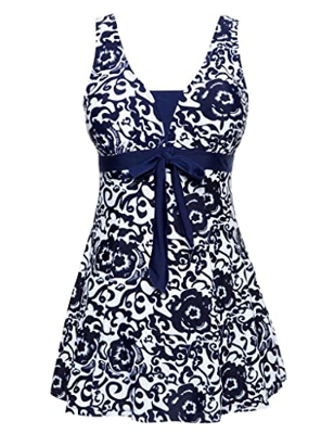 Wantdo Bañador Talla Grande Multicolor Traje de Bano Cuello en V Cintura Alta Falda una Pieza con Pantalones Cortos para Mujer Azul Marino 48-50