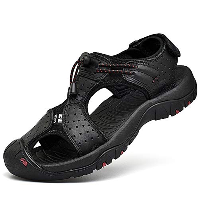 Rismart Hombre Punta Cerrado Gancho y Bucle Al Aire Libre Excursionismo Cuero Zapatos Sandalias y Chanclas SN1505(Negro,43 EU)