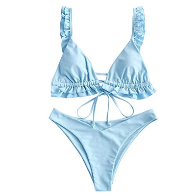 ZAFUL - Bikini Acolchado para Mujer, triángulo de Copa con Volantes, Corbata, Corte Alto