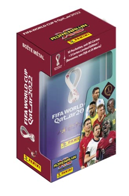 Panini Copa Mundial Qatar de la FIFA 2022 Adrenalyn XL - Caja de metal de 10 fundas + 3 tarjetas Edición Limitada