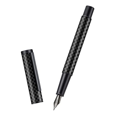 Pluma estilográfica de fibra de carbono de la Selva Negra Hongdian, punta media, diseño moderno, pluma de escritura suave con convertidor y estuche de