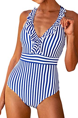 CUPSHE Bañador Mujer Volante Cuello V Espalda Cruzada Traje de Baño de Una Pieza, Azul/Blanco,M