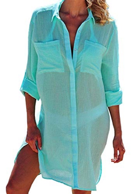 JFAN Vestidos Verano para Mujer Botón de Bolsillo Camisa de Playa Manga Larga Casual de Color Sólido