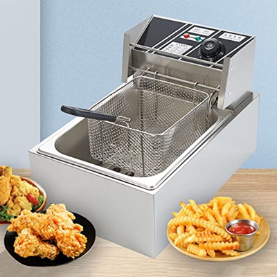 EIXUE Freidora Eléctrica Comercial de Acero Inoxidable de 6L con Cestas y Tapa, Freidora de Grasa de Cocina para Encimera para Patatas Fritas, Donas, 