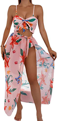 Traje de baño de playa de 3 piezas para mujer sexy bikini conjunto de volantes tropicales con falda enrollable ropa de playa, Rosa, M características