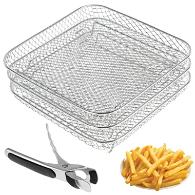 Thechos - Paquete de 3 estantes apilables para freidora de aire rectangular, bandeja de malla para deshidratador de acero inoxidable compatible con fr