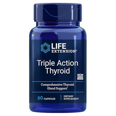 Life Extension, Triple Action Thyroid, con Yodo y L-Tirosina, 60 Cápsulas veganas, Probado en Laboratorio, Sin Gluten, Vegetariano, Sin Soja, No GMO