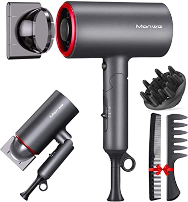 Manwe - Secador de pelo iónico, 1800 W, profesional, 3 modos plegables, ligeros, cerámica con tecnología, con concentrador y boquillas, para la repara