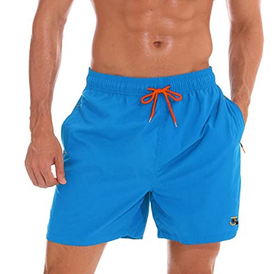 JustSun Bañador Hombre Bañadores Surferos Bañador Corto Hombre Natacion Traje de Baño Secado Rápido Impermeable con Bolsillo Cremallera Azul Mar XL