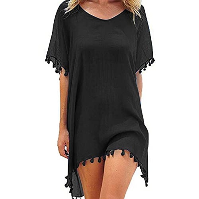 FFWTPY Mujer Suelto Vestido de Playa V Cuello Gasa Camisolas y Pareos con Borla Ropa de Baño de Playa Transparente Bikini Cover Up (Negro)