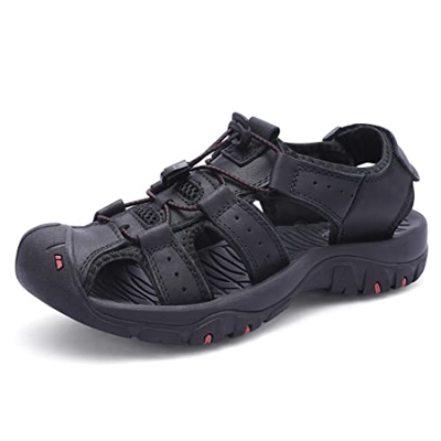 Harssidanzar Sandalias de senderismo de cuero para hombres,zapatos de agua de verano sandalias deportivas de cuero con punta cerrada KM219EU,Negro,42E