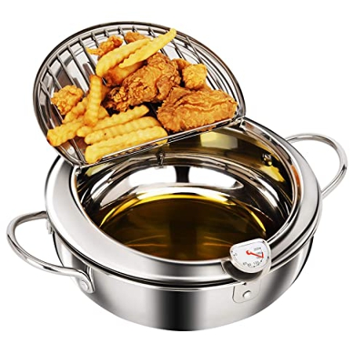 UGCER Olla para freír, Tempura Japonesa Freidora pequeña de Acero Inoxidable Olla para freír con termómetro, Tapa y escurridor de Goteo de Aceite para