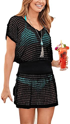 JFAN Ropa de Playa Hueca para Mujeres Bikini para Cubrir la Ropa de baño de la Playa Vestidos de Vacaciones de Verano(Negro)