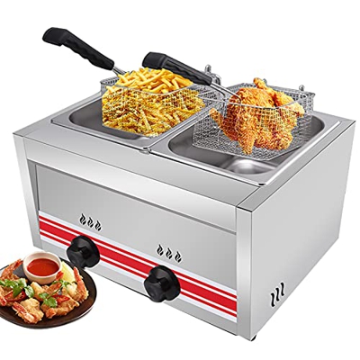 Freidora de Gas de Acero Inoxidable con Cesta y Controlador de Temperatura para Papas Fritas, mariscos, Restaurante, Cocina casera (20L)