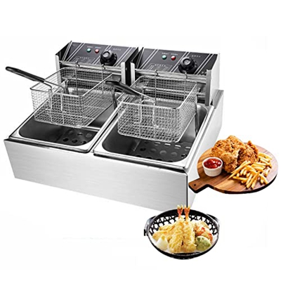 EIXUE Freidora Eléctrica de 12L, Freidoras Comerciales de Doble Tanque, Freidora de Aceite de Encimera de Acero Inoxidable de 2500W, Restaurante Comer