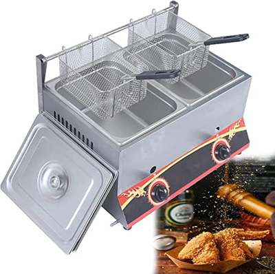 CRADZZA Freidora De Gas De Gran Capacidad, Freidora De GLP De Acero Inoxidable para Uso Doméstico Y Comercial, Potencia De Fuego Ajustable, con Cestas