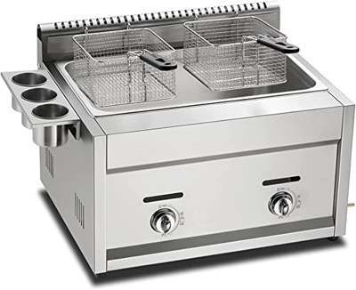 CRADZZA Freidora De Gas, Freidora Profesional De GLP De Encimera con 2 Canastas Y Tapa, Potencia De Fuego Ajustable, Acero Inoxidable De Grado Aliment