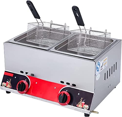 CRADZZA Freidora De Gas Profesional Comercial, Freidora De GLP De Acero Inoxidable, Potencia De Fuego Ajustable, Freidora Doble De Gran Capacidad De 2