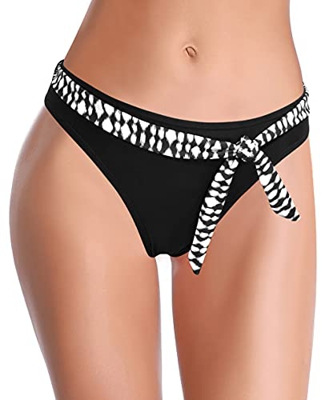 SHEKINI Braga de Baño para Mujer Elegante Clásico Decoración Anudada Braguita Bikini Triángulo Pantalón la Parte Abajo Braga de Bikini de Playa(L,Negr