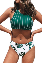 CUPSHE Conjunto de Bikini Top de Rayas Estampado de Hojas Traje de Baño de Dos Piezas, S precio
