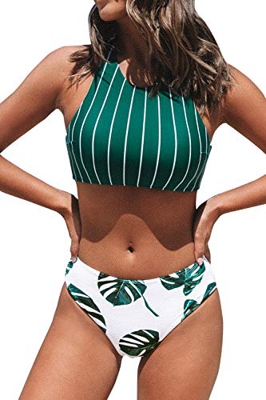 CUPSHE Conjunto de Bikini Top de Rayas Estampado de Hojas Traje de Baño de Dos Piezas, S