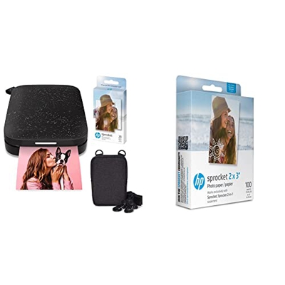 HP Sprocket Impresora fotográfica instantánea portátil de 2 x 3 Pulgadas (Negro) & Sprocket Papel fotográfico Adhesivo Premium de Zink de 5 x 7.6 cm (