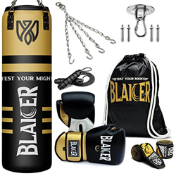 BLAICER Saco de Boxeo Adulto sin Relleno Equipado con Guantes Boxeo, Vendas Boxeo, Comba, Cadena Giratoria, Soporte para Saco Boxeo y Bolsa Poliéster  características