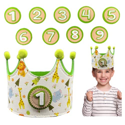Corona Primer Cumpleaños Selva Bebe Infantil - Corona Cumpleaños tela niño niña Números Intercambiables 1 a 9 - Regalo Original Bebe - Gorro Tela Niño