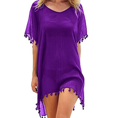 FFWTPY Mujer Suelto Vestido de Playa V Cuello Gasa Camisolas y Pareos con Borla Ropa de Baño de Playa Transparente Bikini Cover Up (Morado)