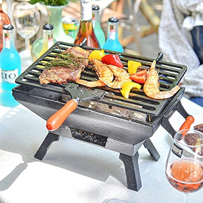 Sungmor Barbacoa de hierro fundido resistente – para interior y exterior – Estufa pequeña de carbón – 31,5 x 19 cm, rectangular – Ideal para ahumar ba