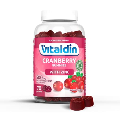 VITALDIN Cranberry gummies – 500 mg de extracto de Arándano Rojo por dosis diaria + Zinc – 70 gominolas (suministro para 1 mes), sabor a Arándanos – A