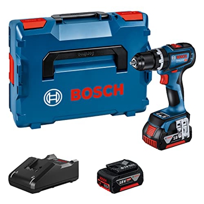 Bosch Professional 18V System GSB 18V-90 C - Taladro percutor a batería (64 Nm, 2100 rpm, conectable, 2 baterías x 4.0Ah, en L-BOXX)
