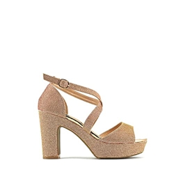 Modelisa - Sandalia Tacón Ancho Brillo Con Plataforma Tiras Cruzadas Punta Abierta Fiesta Mujer (Champagne, numeric_35) precio