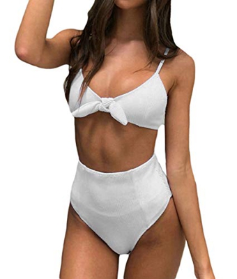 DELEY Mujer Traje De Baño Bikini Alto con Cintura Entintado Traje De Baño De Dos Piezas Blanco Tamaño M