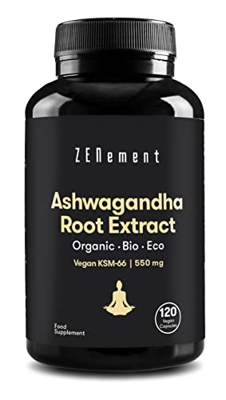 Zenement | Extracto de Raíz de Ashwagandha ECO, KSM-66 Vegano | 550 mg x 120 Cápsulas | Equilibrio físico y emocional | Vegano, 100% Ingredientes Natu