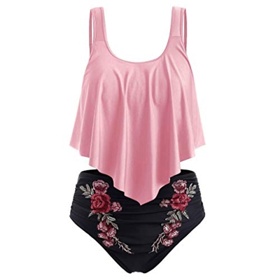 SHOBDW Mujer Conjunto De Frill Bikini Tallas Grandes Sexy Traje De Baño Cuello Halter Vintage Vientre Plano Top Bikini Push Up Flores Braga Triangulo 