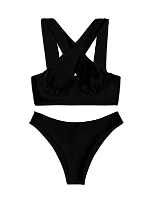 SheIn Bikini cruzado para mujer, sujeción al cuello, push up, cruzado, moda de baño, Negro , S